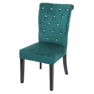 Chaise à Manger Cuisine En Velours Vert Foncé Avec Décoration Bouton Cristal Pieds Bois Noirs 04_0