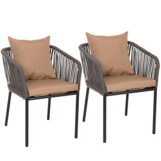 Lot De 2 Chaises De Jardin Accoudoir Corde En Aluminium Corde En Maille Anthracite Coussin Taupe 0
