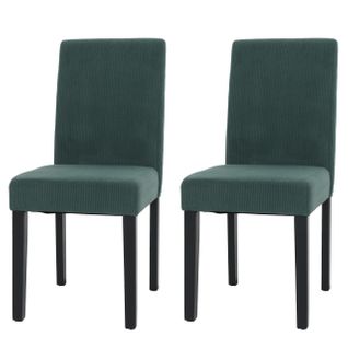Lot De 2 Chaises De Salle à Manger Dossier Haut En Tissu Velours Côtelé Vert Pieds En Bois Foncés