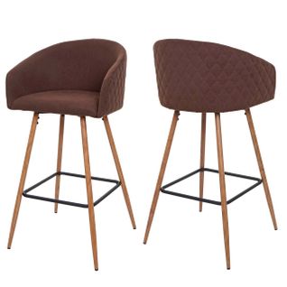 Lot De 2 Tabourets De Bar Chaises De Comptoir Avec Dossier Métal Aspect Bois Tissu Marron 04_00074