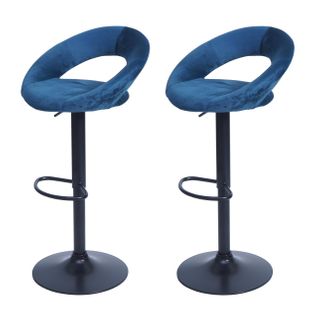 Lot De 2 Tabourets De Bar Chaises De Comptoir Bistro Structure En Fer Noir Assise En Velours Bleu