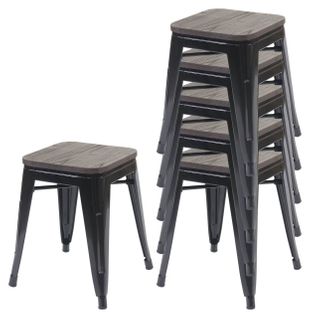 Lot De 6 Tabourets Bas Assise En Bois Cadre En Métal Noir Design Industriel Empilable 04_0007800