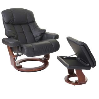 Fauteuil De Relaxation Avec Accoudoirs Et Repose-pieds En Cuir Véritable Noir Cadre En Bois Aspect