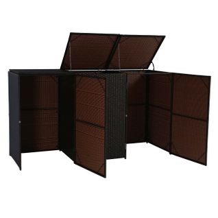 Abris Poubelle En Polyrotin Marron 3 Compartiments Trois Couvercles à Charnières 120l Cadre En Aci