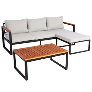 Salon De Jardin Canapé Table Aluminium Et Bois D'acacia Avec Coussins Gris Clair 04_0008312