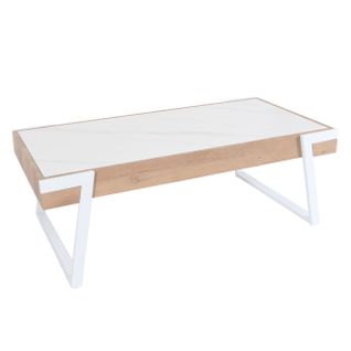 Table Basse Table De Salon 43x120x64 Cm Pierre Frittée Aspect Marbre Blanc Bois Naturel 04_0008446