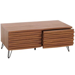 Table Basse Table De Salon Design Incurvé 2 Tiroirs En Bois Manguier Et Métal 46x110x55 Cm Aspect