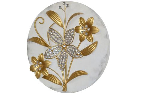 Décoration Murale Ronde – Branche Fleurie Dorée Sur Fond Patiné En Métal Et Plaque Ronde En Mdf De