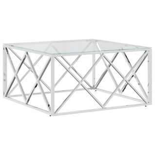 Table Basse De Salon Design Moderne 80 X 80 X 40 Cm Acier Inoxydable Et Verre Argenté Dec037191