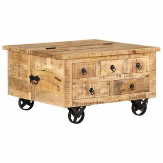 Table Basse Sur Roulettes 5 Tiroirs Et 1 Grand Compartiment Style Vintage Rustique En Bois De Mang