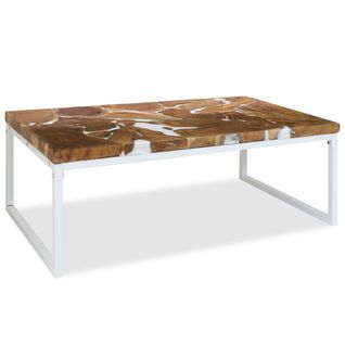 Table Basse Design Rustique 110 X 60 X 40 Cm Teck Véritable Avec Remplissage De Résine Acier Blanc