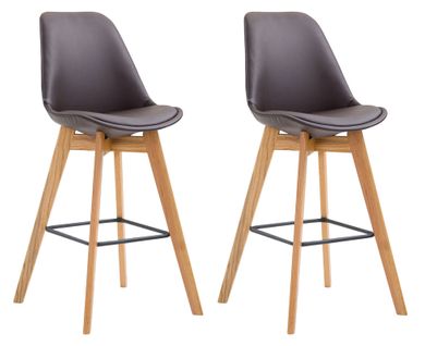 Lot De 2 Tabourets De Bar Style Scandinave Avec Dossier En Simili Marron Et Structure En Bois