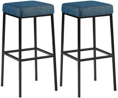 Lot De 2 Tabourets De Bar Avec Repose-pieds Assises Carrées Hauteur 80 Cm En Tissu Bleu Et Métal