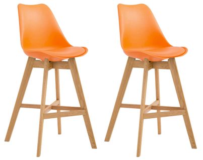 Lot De 2 Tabourets De Bar Scandinaves Coque Plastique Et Pvc Orange Et Pieds En Bois Massif 10_000