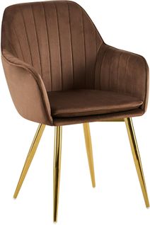 Fauteuil Élégant En Velours Marron Avec Coutures Verticales Et Pieds Métal Dorés 10_0007588