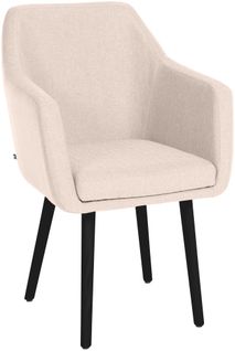 Chaise Visiteur En Tissu Beige Avec Dossier Enveloppant Et Accoudoirs – Piètement Bois Foncé