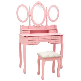Coiffeuse Avec Tabouret Et Miroir 90 X 40 X 146 Cm Pliable En 3 Rose 02_0006327
