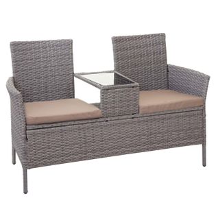 Banc En Polyrotin Avec Table Fauteuils Chaises De Jardin 132cm Gris Coussin Crème 04_0001140