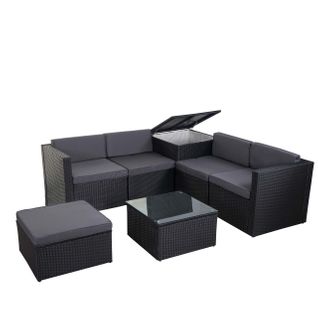 Salon De Jardin Fauteuil Table Coffre Pouf En Poly-rotin Pour Balcon Jardin Anthracite Coussin Gris