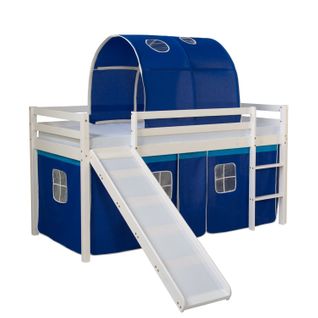 Lit Mezzanine Pour Enfant Avec Sommier Toboggan Tunnel Rideau Modèle Bleu 90x200 Cm Lit06186