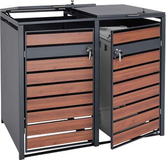 Abri De Poubelle En Métal Pour Deux Poubelles De 80 à 240 Litres Anthracite Aspect Bois De Cerisie