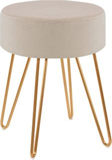 Tabouret En Tissu Velours Crème Pieds En Métal Doré 35x35x45 Cm Tabo09078