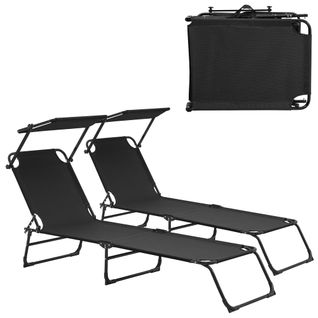 Lot De 2 Transats Pliable 190 Cm Avec Toiture Pare-soleil De Relax Acier Noir 03_0004