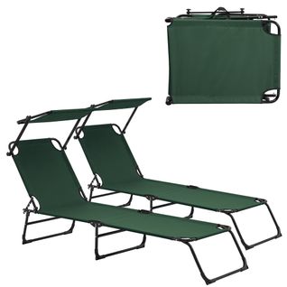 Lot De 2 Transats Pliable Avec Toiture Pare-soleil De Relax Acier 190 Cm Vert Foncé 0