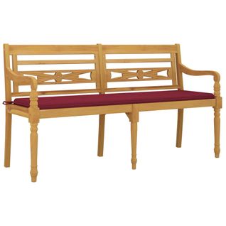 Banc De Jardin Meuble De Patio D'extérieur Terrasse Avec Coussin Rouge Bordeaux 150cm Bois Teck