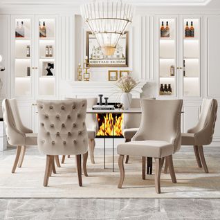 Ensemble De 6 Chaises De Salle à Manger En Velours Beige, Avec Matelassage De Boutons, Structure En