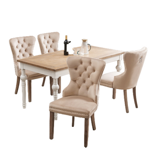 4 Chaises de salle à manger rembourrée, pieds en bois massif, revêtement en velours, beige