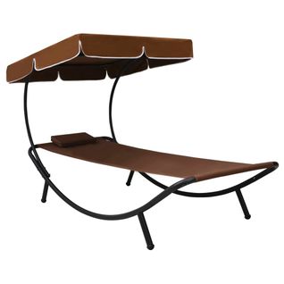 Lit De Repos Transat Chaise Longue D'extérieur 200 Cm Avec Auvent Et Oreiller Marron