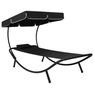 Lit De Repos Transat Chaise Longue D'extérieur 200 Cm Avec Auvent Et Oreiller Noir 02