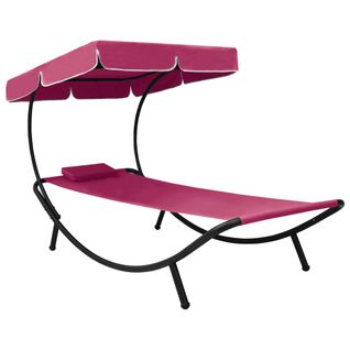 Lit De Repos Transat Chaise Longue D'extérieur 200 Cm Avec Auvent Et Oreiller Rose 02