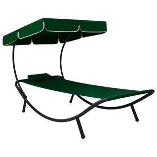 Lit De Repos Transat Chaise Longue D'extérieur 200 Cm Avec Auvent Et Oreiller Vert 02