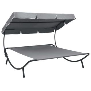 Lit De Repos Chaise Longue Transat D'extérieur 200 Cm Avec Auvent Gris 02_0012011