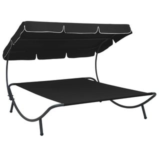 Lit De Repos Chaise Longue Transat D'extérieur 200 Cm Avec Auvent Noir 02_0012013