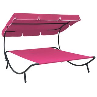 Lit De Repos Transat Chaise Longue D'extérieur 200 Cm Avec Auvent Rose 02_0012014