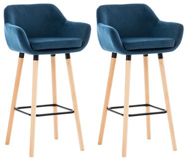 Lot De 2 Tabourets De Bar En Velours Bleu Pieds En Bois Avec Repose-pieds Et Accoudoirs
