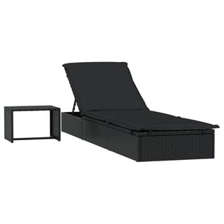Transat Chaise Longue Bain De Soleil Avec Table Résine Tressée Noir 02_0012207