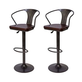 2x Tabourets De Bar En Synthétique Marron Et Métal Noir Style Industrielle Avec Accoudoirs Tdb0405