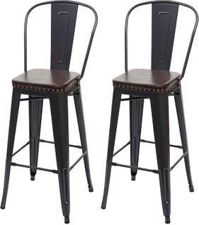 2x Tabourets De Bar En Synthétique Marron Et Métal Noir Style Industrielle Dossier Haut Tdb04051