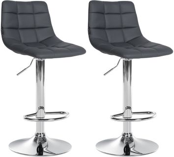 Lot De 2 Tabourets De Bar En Synthétique Gris Base Métal Chromé Réglable En Hauteur Et Repose-pied