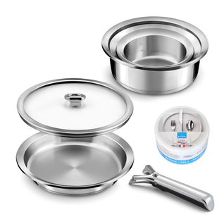 Ycône - Lot 7 Pièces - 3 Casseroles, 1 Poêle, 1 Couvercle, 1 Poignée Et 1 Pierre D'argent