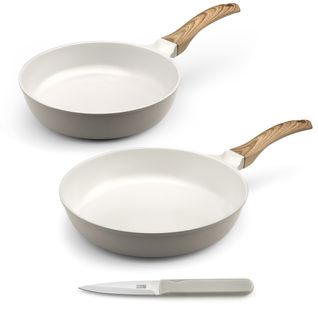 Mythic - Set 2 Poêles 24/28cm Revêtement Céramique Blanche, 1 Couteaux D'office