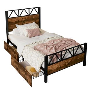 Lit Simple Vintage En Bois 90x200 Avec Deux Tiroirs, Marron