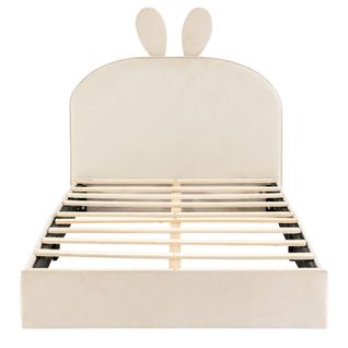 Lit Simple Enfant 90x200, Avec Tête De Lit Lapin, Beige