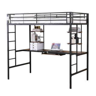 Lit En Métal 90 X 200 Cm, Cadre De Lit Avec Bureau Et Deux Étagères Pour Enfants, Adolescents, Noir