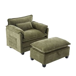 Fauteuil De Détente 103x85x91 Cm, Avec Pouf, Sac De Rangement, Tissu Chenille, Olive