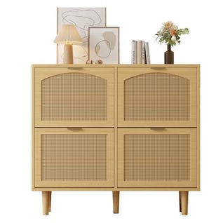 Meuble à Chaussures En Rotin Avec 4 Tiroirs Ventilés - Pieds En Bois Massif Et Design Campagnard